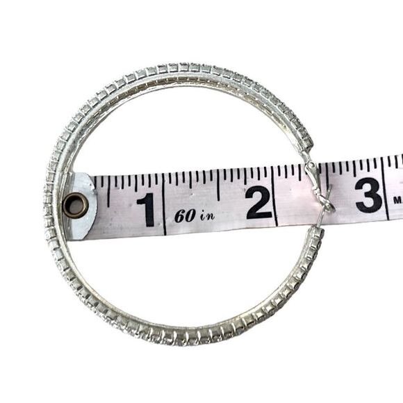 Double Oversized Rhinestone 2.5” Hoop Earrings Silver tone - Picture 6 of 9